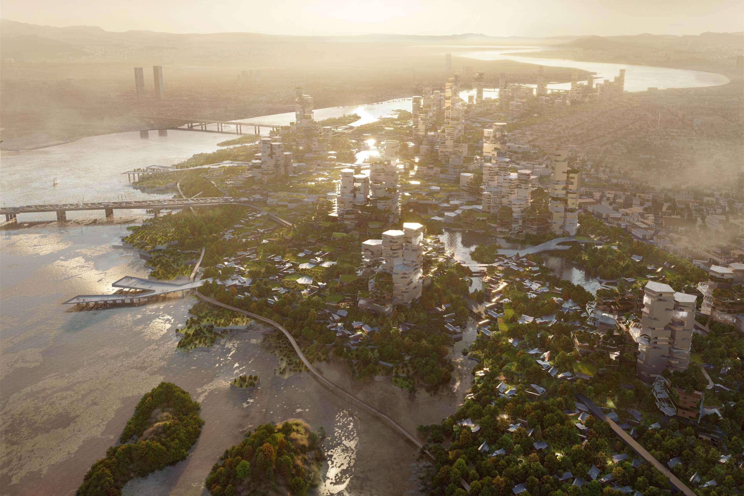 Aerial rendering of ‘Hyper-Abundant City’ Apgujeong 100-Year Master Plan by RIOS for SBAU 2023
